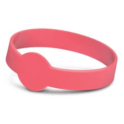 A pink silicone wristband with a circular feature, ideal for exhibitions and events. It has a branding logo.