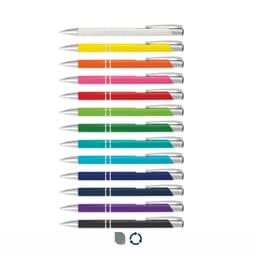 A collection of metal pens in various colours, including white, orange, pink, green, blue, and purple, each with a silver clip.