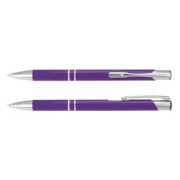 A purple metal pen with silver accents, featuring a sleek design and a branded logo.