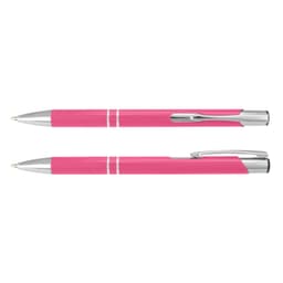 A pink metal pen with silver accents, featuring a sleek design and a clip for easy attachment.