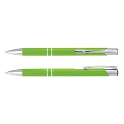 A green metal pen with silver accents, featuring a smooth finish and a clip for easy attachment.