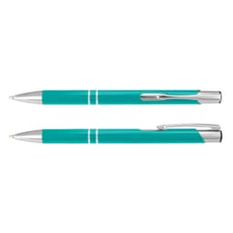 A metal pen in teal with silver accents, featuring a logo on the barrel.