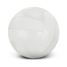 A white volleyball with a smooth, textured surface and distinct seam detailing. The ball has a simple design and no visible logos.