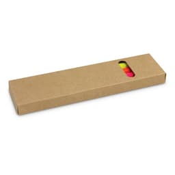 A highlighter pencil pack in a cardboard box, featuring pink, yellow, and green highlighters. The box has a viewing window.