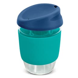 A drink bottle featuring a clear borosilicate body with a teal silicone sleeve and a navy lid, alongside a logo.
