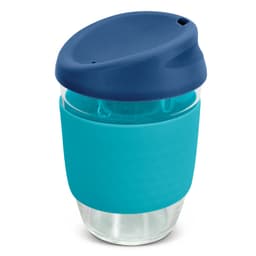 A drink bottle featuring a clear borosilicate glass body with a teal silicone sleeve and a navy blue lid.