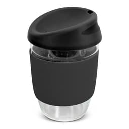 A drink bottle made of clear borosilicate glass with a black silicone sleeve and lid, featuring a sleek design.