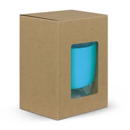 A drink bottle in a transparent box, featuring a blue borosilicate glass design. The packaging is brown and plain.