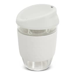 A drink bottle made of clear borosilicate glass with a white silicone sleeve and lid, featuring a logo.