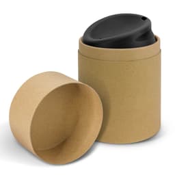 A drink bottle in a black lid design, presented in a circular kraft paper container.