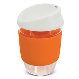 A drink bottle featuring a transparent borosilicate body with an orange silicone sleeve and a white lid.
