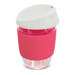 A drink bottle made of borosilicate glass, featuring a pink silicone sleeve and a white lid. It has a logo.