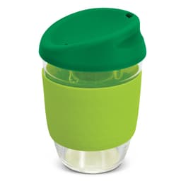 A drink bottle featuring a clear borosilicate glass body with a green silicone grip and lid.
