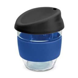 A drink bottle featuring a clear borosilicate body with a blue silicone sleeve and a black lid. It has a logo on the side.