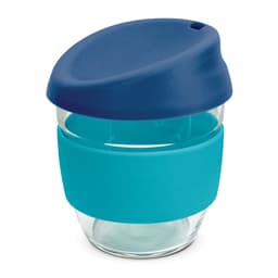 A drink bottle featuring a blue lid and a turquoise silicone sleeve, made of clear borosilicate glass, 250ml capacity.