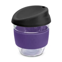 A drink bottle with a borosilicate glass body, featuring a purple silicone sleeve and a black lid.