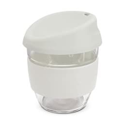 A drink bottle made of borosilicate glass, featuring a light grey silicone sleeve and lid. It has a sleek design.