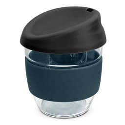 A drink bottle with a dark blue silicone sleeve and a black lid, made of clear borosilicate glass.