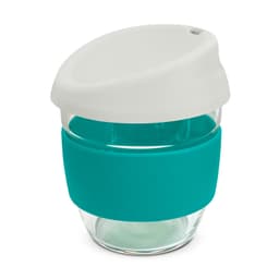 A drink bottle with a clear borosilicate glass body, teal silicone band, and a white lid. It features a branding logo.