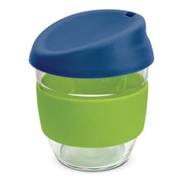 A drink bottle made of borosilicate glass, featuring a blue lid and a green silicone band for grip.