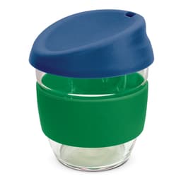 A drink bottle made of borosilicate glass with a blue lid and a green silicone sleeve. It has a logo.