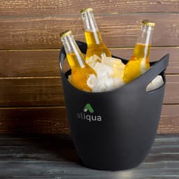 A black ice bucket filled with ice and three bottles of beer. It features a logo.