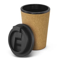 A drink bottle with a cork exterior and black lid, featuring a smooth surface and an interior lining.