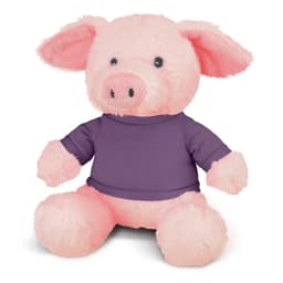 A pink pig plush toy with a purple shirt, featuring large ears, a round snout, and soft, fluffy texture.