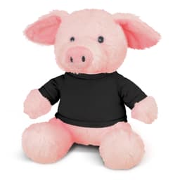 A pink plush pig toy wearing a black shirt, featuring a cute face and soft, fluffy texture.