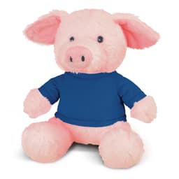 A pink plush pig toy wearing a blue shirt, with big ears and a soft, cuddly appearance.