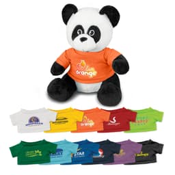 A panda plush toy with a white and black fur, wearing an orange shirt. It has various colourful shirts displayed below.