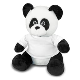 A plush toy panda featuring black and white fur, wearing a white shirt, with a cute facial expression.