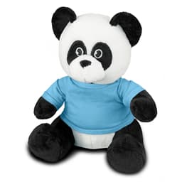 A plush panda toy with a black and white design, wearing a blue shirt and featuring a logo.