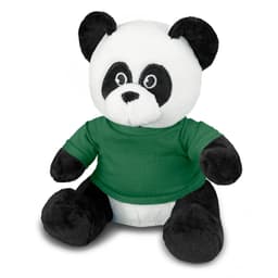 A panda plush toy featuring a black and white design, wearing a green shirt. It has a friendly expression and soft texture.