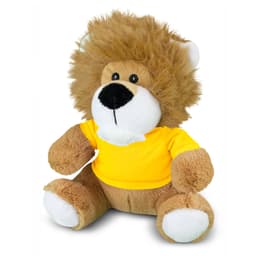 A plush lion toy with a fluffy mane and a yellow shirt, featuring brown and white fur.