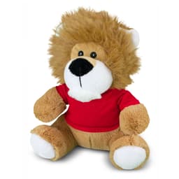 A plush lion toy with a fluffy mane and red shirt, seated with a friendly expression.