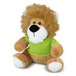 A plush toy lion with a fluffy mane, wearing a green shirt and featuring a friendly expression.
