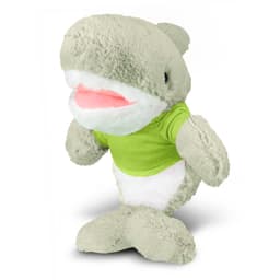 A grey shark plush toy featuring a white belly and wearing a green shirt, standing upright. It has a friendly expression.