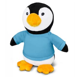 A plush penguin toy with a black and white body, orange beak and feet, wearing a blue shirt. Features a logo.