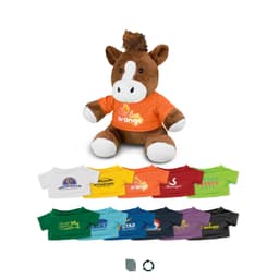 A brown horse plush toy wearing an orange shirt, alongside various colourful t-shirts in different hues.