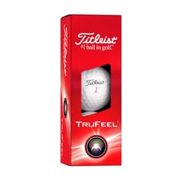 A red box of Titleist TruFeel golf balls with a visible white golf ball inside and a logo on the packaging.