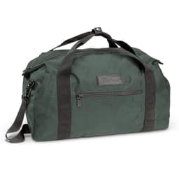 A dark green duffle bag with dual handles and a shoulder strap, featuring a front zip pocket and a logo.