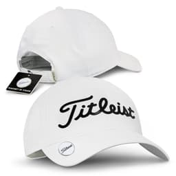 A white golf cap with a branded logo and a magnetic feature in the visor.