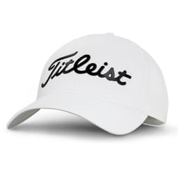 A white golf cap featuring a branded logo on the front, designed for performance and style.