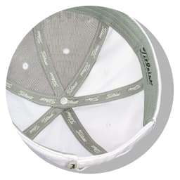 A white cap featuring a grey inner lining and a logo. Designed for golf, ideal for ball marking.