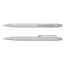 A metal pen in a light green shade with silver accents and a logo feature. Two pens are displayed.