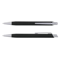 A metal pen with a black grip and chrome accents, featuring a clip and a smooth writing tip. Contains a logo.