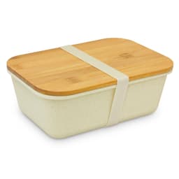 A rectangular lunch box in cream with a bamboo lid and a beige silicone band. It features a simple design.