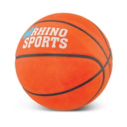 An orange basketball with black detailing and a logo. The surface has a textured grip.