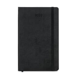 A black 2027 planner with a textured cover and an elastic band. It features a minimalistic design and a logo.